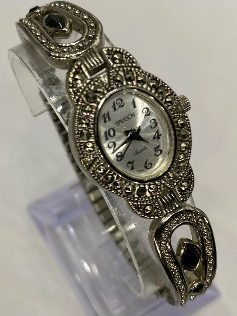 Designer ***  Silver-Tone  ^^^ Marcasite” Oval Bracelet Watch ***